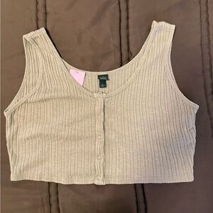 Button-Front Ribbed Crop Tank in Beige